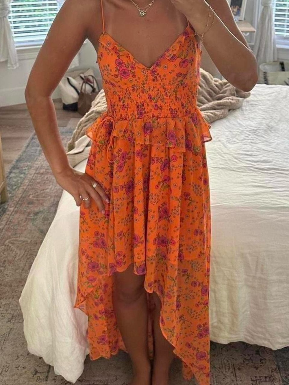 For Love & Lemons Orange Floral High-Low Sundress